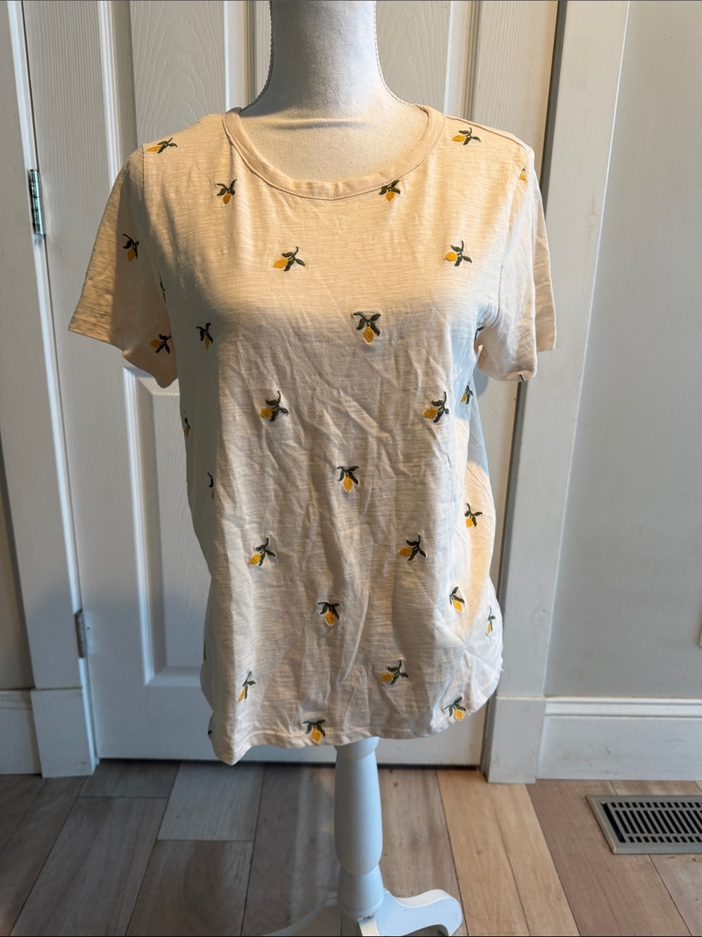 Lucky Brand Cream Short Sleeve Tee with Yellow Embroidered Fruit